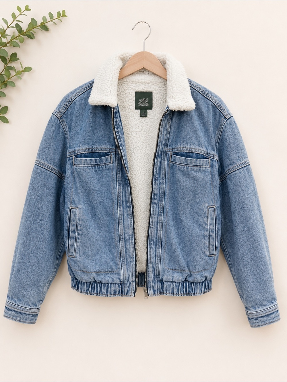 wild fable Cream Sherpa-Lined Jacket with Light Blue Denim Trim